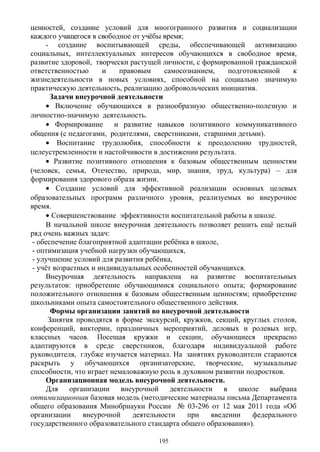 ценностей, создание условий для многогранного развития и социализации
каждого учащегося в свободное от учёбы время;
- создание воспитывающей среды, обеспечивающей активизацию
социальных, интеллектуальных интересов обучающихся в свободное время,
развитие здоровой, творчески растущей личности, с формированной гражданской
ответственностью и правовым самосознанием, подготовленной к
жизнедеятельности в новых условиях, способной на социально значимую
практическую деятельность, реализацию добровольческих инициатив.
Задачи внеурочной деятельности
• Включение обучающихся в разнообразную общественно-полезную и
личностно-значимую деятельность.
• Формирование и развитие навыков позитивного коммуникативного
общения (с педагогами, родителями, сверстниками, старшими детьми).
• Воспитание трудолюбия, способности к преодолению трудностей,
целеустремленности и настойчивости в достижении результата.
• Развитие позитивного отношения к базовым общественным ценностям
(человек, семья, Отечество, природа, мир, знания, труд, культура) – для
формирования здорового образа жизни.
• Создание условий для эффективной реализации основных целевых
образовательных программ различного уровня, реализуемых во внеурочное
время.
• Совершенствование эффективности воспитательной работы в школе.
В начальной школе внеурочная деятельность позволяет решить ещё целый
ряд очень важных задач:
- обеспечение благоприятной адаптации ребёнка в школе,
- оптимизация учебной нагрузки обучающихся,
- улучшение условий для развития ребёнка,
- учёт возрастных и индивидуальных особенностей обучающихся.
Внеурочная деятельность направлена на развитие воспитательных
результатов: приобретение обучающимися социального опыта; формирование
положительного отношения к базовым общественным ценностям; приобретение
школьниками опыта самостоятельного общественного действия.
Формы организации занятий во внеурочной деятельности
Занятия проводятся в форме экскурсий, кружков, секций, круглых столов,
конференций, викторин, праздничных мероприятий, деловых и ролевых игр,
классных часов. Посещая кружки и секции, обучающиеся прекрасно
адаптируются в среде сверстников, благодаря индивидуальной работе
руководителя, глубже изучается материал. На занятиях руководители стараются
раскрыть у обучающихся организаторские, творческие, музыкальные
способности, что играет немаловажную роль в духовном развитии подростков.
Организационная модель внеурочной деятельности.
Для организации внеурочной деятельности в школе выбрана
оптимизационная базовая модель (методические материалы письма Департамента
общего образования Минобрнауки России № 03-296 от 12 мая 2011 года «Об
организации внеурочной деятельности при введении федерального
государственного образовательного стандарта общего образования»).
195
 