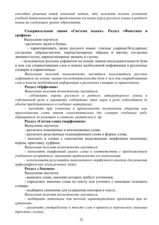 способам решения новой языковой задачи, что заложит основы успешной
учебной деятельности при продолжении изучения курса русского языка и родного
языка на следующем уровне образования.
Содержательная линия «Система языка». Раздел «Фонетика и
графика»
Выпускник научится:
- различать звуки и буквы;
- характеризовать звуки русского языка: гласные ударные/безударные;
согласные твёрдые/мягкие, парные/непарные твёрдые и мягкие; согласные
звонкие/глухие, парные/непарные звонкие и глухие;
- пользоваться русским алфавитом на основе знания последовательности букв
в нем для упорядочивания слов и поиска необходимой информации в различных
словарях и справочниках.
Выпускник получит возможность научиться пользоваться русским
алфавитом на основе знания последовательности букв в нем для упорядочивания
слов и поиска необходимой информации в различных словарях и справочниках.
Раздел «Орфоэпия»
Выпускник получит возможность научиться:
- соблюдать нормы русского и родного литературного языка в
собственной речи и оценивать соблюдение этих норм в речи собеседников (в
объёме представленного в учебнике материала);
- находить при сомнении в правильности постановки ударения или
произношения слова ответ самостоятельно (по словарю учебника) либо
обращаться за помощью к учителю, родителям и др. 
Раздел «Состав слова (морфемика)»
Выпускник научится:
- различать изменяемые и неизменяемые слова;
- различать родственные (однокоренные) слова и формы слова;
- находить в словах с однозначно выделяемыми морфемами окончание,
корень, приставку, суффикс.
Выпускник получит возможность научиться:
- выполнять морфемный анализ слова в соответствии с предложенным
учебником алгоритмом, оценивать правильность его выполнения;
- использовать результаты выполненного морфемного анализа для решения
орфографических и/или речевых задач.
Раздел «Лексика»
Выпускник научится:
- выявлять слова, значение которых требует уточнения;
- определять значение слова по тексту или уточнять с помощью толкового
словаря;
- подбирать синонимы для устранения повторов в тексте.
Выпускник получит возможность научиться:
- подбирать антонимы для точной характеристики предметов при их
сравнении;
- различать употребление в тексте слов в прямом и переносном значении
(простые случаи);
22
 