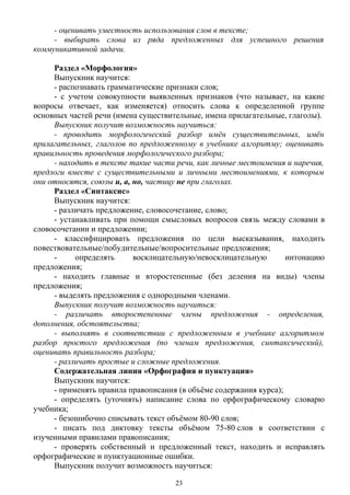 - оценивать уместность использования слов в тексте;
- выбирать слова из ряда предложенных для успешного решения
коммуникативной задачи.
Раздел «Морфология»
Выпускник научится:
- распознавать грамматические признаки слов;
- с учетом совокупности выявленных признаков (что называет, на какие
вопросы отвечает, как изменяется) относить слова к определенной группе
основных частей речи (имена существительные, имена прилагательные, глаголы).
Выпускник получит возможность научиться:
- проводить морфологический разбор имён существительных, имён
прилагательных, глаголов по предложенному в учебнике алгоритму; оценивать
правильность проведения морфологического разбора;
- находить в тексте такие части речи, как личные местоимения и наречия,
предлоги вместе с существительными и личными местоимениями, к которым
они относятся, союзы и, а, но, частицу не при глаголах.
Раздел «Синтаксис»
Выпускник научится:
- различать предложение, словосочетание, слово;
- устанавливать при помощи смысловых вопросов связь между словами в
словосочетании и предложении;
- классифицировать предложения по цели высказывания, находить
повествовательные/побудительные/вопросительные предложения;
- определять восклицательную/невосклицательную интонацию
предложения;
- находить главные и второстепенные (без деления на виды) члены
предложения;
- выделять предложения с однородными членами.
Выпускник получит возможность научиться:
- различать второстепенные члены предложения - определения,
дополнения, обстоятельства;
- выполнять в соответствии с предложенным в учебнике алгоритмом
разбор простого предложения (по членам предложения, синтаксический),
оценивать правильность разбора;
- различать простые и сложные предложения.
Содержательная линия «Орфография и пунктуация»
Выпускник научится:
- применять правила правописания (в объёме содержания курса);
- определять (уточнять) написание слова по орфографическому словарю
учебника;
- безошибочно списывать текст объёмом 80-90 слов;
- писать под диктовку тексты объёмом 75-80 слов в соответствии с
изученными правилами правописания;
- проверять собственный и предложенный текст, находить и исправлять
орфографические и пунктуационные ошибки.
Выпускник получит возможность научиться:
23
 
