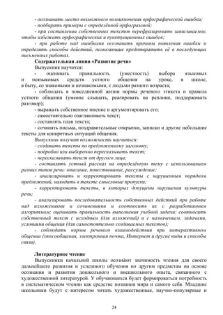 - осознавать место возможного возникновения орфографической ошибки;
- подбирать примеры с определённой орфограммой;
- при составлении собственных текстов перефразировать записываемое,
чтобы избежать орфографических и пунктуационных ошибок;
- при работе над ошибками осознавать причины появления ошибки и
определять способы действий, помогающие предотвратить её в последующих
письменных работах.
Содержательная линия «Развитие речи»
Выпускник научится:
- оценивать правильность (уместность) выбора языковых
и неязыковых средств устного общения на уроке, в школе,
в быту, со знакомыми и незнакомыми, с людьми разного возраста;
- соблюдать в повседневной жизни нормы речевого этикета и правила
устного общения (умение слышать, реагировать на реплики, поддерживать
разговор);
- выражать собственное мнение и аргументировать его;
- самостоятельно озаглавливать текст;
- составлять план текста;
- сочинять письма, поздравительные открытки, записки и другие небольшие
тексты для конкретных ситуаций общения.
Выпускник получит возможность научиться:
- создавать тексты по предложенному заголовку;
- подробно или выборочно пересказывать текст;
- пересказывать текст от другого лица;
- составлять устный рассказ на определённую тему с использованием
разных типов речи: описание, повествование, рассуждение;
- анализировать и корректировать тексты с нарушенным порядком
предложений, находить в тексте смысловые пропуски;
- корректировать тексты, в которых допущены нарушения культуры
речи;
- анализировать последовательность собственных действий при работе
над изложениями и сочинениями и соотносить их с разработанным
алгоритмом; оценивать правильность выполнения учебной задачи: соотносить
собственный текст с исходным (для изложений) и с назначением, задачами,
условиями общения (для самостоятельно создаваемых текстов);
- соблюдать нормы речевого взаимодействия при интерактивном
общении (smsсообщения, электронная почта, Интернет и другие виды и способы
связи).
Литературное чтение
Выпускники начальной школы осознáют значимость чтения для своего
дальнейшего развития и успешного обучения по другим предметам на основе
осознания и развития дошкольного и внешкольного опыта, связанного с
художественной литературой. У обучающихся будет формироваться потребность
в систематическом чтении как средстве познания мира и самого себя. Младшие
школьники будут с интересом читать художественные, научно-популярные и
24
 