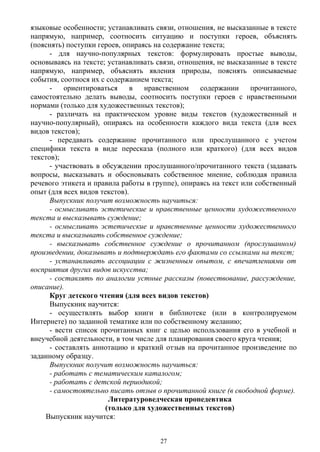 языковые особенности; устанавливать связи, отношения, не высказанные в тексте
напрямую, например, соотносить ситуацию и поступки героев, объяснять
(пояснять) поступки героев, опираясь на содержание текста;
- для научно-популярных текстов: формулировать простые выводы,
основываясь на тексте; устанавливать связи, отношения, не высказанные в тексте
напрямую, например, объяснять явления природы, пояснять описываемые
события, соотнося их с содержанием текста;
- ориентироваться в нравственном содержании прочитанного,
самостоятельно делать выводы, соотносить поступки героев с нравственными
нормами (только для художественных текстов);
- различать на практическом уровне виды текстов (художественный и
научно-популярный), опираясь на особенности каждого вида текста (для всех
видов текстов);
- передавать содержание прочитанного или прослушанного с учетом
специфики текста в виде пересказа (полного или краткого) (для всех видов
текстов);
- участвовать в обсуждении прослушанного/прочитанного текста (задавать
вопросы, высказывать и обосновывать собственное мнение, соблюдая правила
речевого этикета и правила работы в группе), опираясь на текст или собственный
опыт (для всех видов текстов).
Выпускник получит возможность научиться:
- осмысливать эстетические и нравственные ценности художественного
текста и высказывать суждение;
- осмысливать эстетические и нравственные ценности художественного
текста и высказывать собственное суждение;
- высказывать собственное суждение о прочитанном (прослушанном)
произведении, доказывать и подтверждать его фактами со ссылками на текст;
- устанавливать ассоциации с жизненным опытом, с впечатлениями от
восприятия других видов искусства;
- составлять по аналогии устные рассказы (повествование, рассуждение,
описание).
Круг детского чтения (для всех видов текстов)
Выпускник научится:
- осуществлять выбор книги в библиотеке (или в контролируемом
Интернете) по заданной тематике или по собственному желанию;
- вести список прочитанных книг с целью использования его в учебной и
внеучебной деятельности, в том числе для планирования своего круга чтения;
- составлять аннотацию и краткий отзыв на прочитанное произведение по
заданному образцу.
Выпускник получит возможность научиться:
- работать с тематическим каталогом;
- работать с детской периодикой;
- самостоятельно писать отзыв о прочитанной книге (в свободной форме).
Литературоведческая пропедевтика
(только для художественных текстов)
Выпускник научится:
27
 