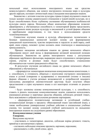 начальный опыт использования иностранного языка как средства
межкультурного общения, как нового инструмента познания мира и культуры
других народов, осознают личностный смысл овладения иностранным языком.
Знакомство с детским пластом культуры страны (стран) изучаемого языка не
только заложит основы уважительного отношения к чужой (иной) культуре, но и
будет способствовать более глубокому осознанию обучающимися особенностей
культуры своего народа. Начальное общее иноязычное образование позволит
сформировать у обучающихся способность в элементарной форме представлять
на иностранном языке родную культуру в письменной и устной формах общения
с зарубежными сверстниками, в том числе с использованием средств
телекоммуникации.
Совместное изучение языков и культур, общепринятых человеческих и
базовых национальных ценностей заложит основу для формирования
гражданской идентичности, чувства патриотизма и гордости за свой народ, свой
край, свою страну, поможет лучше осознать свою этническую и национальную
принадлежность.
Процесс овладения английским языком на уровне начального общего
образования внесет свой вклад в формирование активной жизненной позиции
обучающихся. Знакомство на уроках иностранного языка с доступными
образцами зарубежного фольклора, выражение своего отношения к литературным
героям, участие в ролевых играх будут способствовать становлению
обучающихся как членов гражданского общества.
В результате изучения английского языка на уровне начального общего
образования у обучающихся:
- сформируется элементарная иноязычная коммуникативная компетенция, т.
е. способность и готовность общаться с носителями изучаемого иностранного
языка в устной (говорение и аудирование) и письменной (чтение и письмо)
формах общения с учетом речевых возможностей и потребностей младшего
школьника; расширится лингвистический кругозор; будет получено общее
представление о строе изучаемого языка и его некоторых отличиях от родного
языка;
- будут заложены основы коммуникативной культуры, т. е. способность
ставить и решать посильные коммуникативные задачи, адекватно использовать
имеющиеся речевые и неречевые средства общения, соблюдать речевой этикет,
быть вежливыми и доброжелательными речевыми партнерами;
- сформируются положительная мотивация и устойчивый учебно-
познавательный интерес к предмету «Иностранный язык» (английский язык), а
также необходимые универсальные учебные действия и специальные учебные
умения, что заложит основу успешной учебной деятельности по овладению
иностранным языком на следующем уровне образования.
Коммуникативные умения
Говорение.
Выпускник научится:
- участвовать в элементарных диалогах, соблюдая нормы речевого этикета,
принятые в англоязычных странах;
- составлять небольшое описание предмета, картинки, персонажа;
- рассказывать о себе, своей семье, друге.
29
 