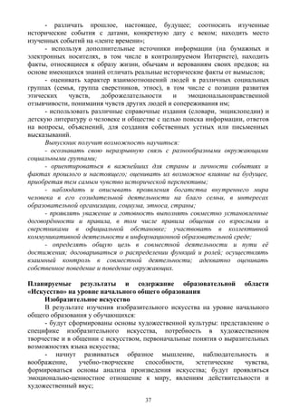 - различать прошлое, настоящее, будущее; соотносить изученные
исторические события с датами, конкретную дату с веком; находить место
изученных событий на «ленте времени»;
- используя дополнительные источники информации (на бумажных и
электронных носителях, в том числе в контролируемом Интернете), находить
факты, относящиеся к образу жизни, обычаям и верованиям своих предков; на
основе имеющихся знаний отличать реальные исторические факты от вымыслов;
- оценивать характер взаимоотношений людей в различных социальных
группах (семья, группа сверстников, этнос), в том числе с позиции развития
этических чувств, доброжелательности и эмоциональнонравственной
отзывчивости, понимания чувств других людей и сопереживания им;
- использовать различные справочные издания (словари, энциклопедии) и
детскую литературу о человеке и обществе с целью поиска информации, ответов
на вопросы, объяснений, для создания собственных устных или письменных
высказываний.
Выпускник получит возможность научиться:
- осознавать свою неразрывную связь с разнообразными окружающими
социальными группами;
- ориентироваться в важнейших для страны и личности событиях и
фактах прошлого и настоящего; оценивать их возможное влияние на будущее,
приобретая тем самым чувство исторической перспективы;
- наблюдать и описывать проявления богатства внутреннего мира
человека в его созидательной деятельности на благо семьи, в интересах
образовательной организации, социума, этноса, страны;
- проявлять уважение и готовность выполнять совместно установленные
договорённости и правила, в том числе правила общения со взрослыми и
сверстниками в официальной обстановке; участвовать в коллективной
коммуникативной деятельности в информационной образовательной среде;
- определять общую цель в совместной деятельности и пути её
достижения; договариваться о распределении функций и ролей; осуществлять
взаимный контроль в совместной деятельности; адекватно оценивать
собственное поведение и поведение окружающих.
Планируемые результаты и содержание образовательной области
«Искусство» на уровне начального общего образования
Изобразительное искусство
В результате изучения изобразительного искусства на уровне начального
общего образования у обучающихся:
- будут сформированы основы художественной культуры: представление о
специфике изобразительного искусства, потребность в художественном
творчестве и в общении с искусством, первоначальные понятия о выразительных
возможностях языка искусства;
- начнут развиваться образное мышление, наблюдательность и
воображение, учебно-творческие способности, эстетические чувства,
формироваться основы анализа произведения искусства; будут проявляться
эмоционально-ценностное отношение к миру, явлениям действительности и
художественный вкус;
37
 
