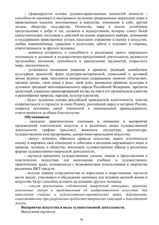 - сформируются основы духовно-нравственных ценностей личности -
способности оценивать и выстраивать на основе традиционных моральных норм и
нравственных идеалов, воплощенных в искусстве, отношение к себе, другим
людям, обществу, государству, Отечеству, миру в целом; устойчивое
представление о добре и зле, должном и недопустимом, которые станут базой
самостоятельных поступков и действий на основе морального выбора, понимания
и поддержания нравственных устоев, нашедших отражение и оценку в искусстве,
любви, взаимопомощи, уважении к родителям, заботе о младших и старших,
ответственности за другого человека;
- появится готовность и способность к реализации своего творческого
потенциала в духовной и художественно-продуктивной деятельности, разовьется
трудолюбие, оптимизм, способность к преодолению трудностей, открытость
миру, диалогичность;
- установится осознанное уважение и принятие традиций, самобытных
культурных ценностей, форм культурно-исторической, социальной и духовной
жизни родного края, наполнятся конкретным содержанием понятия «Отечество»,
«родная земля», «моя семья и род», «мой дом», разовьется принятие культуры и
духовных традиций многонационального народа Российской Федерации, зародится
целостный, социально ориентированный взгляд на мир в его органическом единстве
и разнообразии природы, народов, культур и религий;
- будут заложены основы российской гражданской идентичности, чувства
сопричастности и гордости за свою Родину, российский народ и историю России,
появится осознание своей этнической и национальной принадлежности,
ответственности за общее благополучие.
Обучающиеся:
- овладеют практическими умениями и навыками в восприятии
произведений пластических искусств и в различных видах художественной
деятельности: графике (рисунке), живописи, скульптуре, архитектуре,
художественном конструировании, декоративно-прикладном искусстве;
- смогут понимать образную природу искусства; давать эстетическую
оценку и выражать свое отношение к событиям и явлениям окружающего мира, к
природе, человеку и обществу; воплощать художественные образы в различных
формах художественно-творческой деятельности;
- научатся применять художественные умения, знания и представления о
пластических искусствах для выполнения учебных и художественно-
практических задач, познакомятся с возможностями использования в творчестве
различных ИКТ-средств;
- получат навыки сотрудничества со взрослыми и сверстниками, научатся
вести диалог, участвовать в обсуждении значимых для человека явлений жизни и
искусства, будут способны вставать на позицию другого человека;
- смогут реализовать собственный творческий потенциал, применяя
полученные знания и представления об изобразительном искусстве для
выполнения учебных и художественно-практических задач, действовать
самостоятельно при разрешении проблемно-творческих ситуаций в повседневной
жизни.
Восприятие искусства и виды художественной деятельности.
Выпускник научится:
38
 
