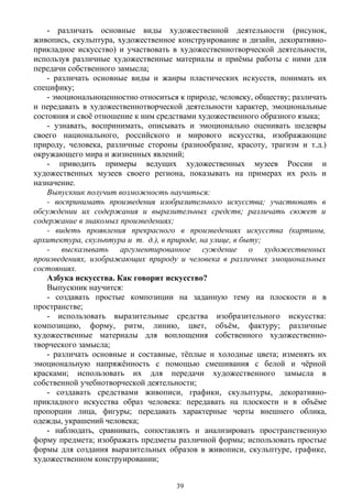 - различать основные виды художественной деятельности (рисунок,
живопись, скульптура, художественное конструирование и дизайн, декоративно-
прикладное искусство) и участвовать в художественнотворческой деятельности,
используя различные художественные материалы и приёмы работы с ними для
передачи собственного замысла;
- различать основные виды и жанры пластических искусств, понимать их
специфику;
- эмоциональноценностно относиться к природе, человеку, обществу; различать
и передавать в художественнотворческой деятельности характер, эмоциональные
состояния и своё отношение к ним средствами художественного образного языка;
- узнавать, воспринимать, описывать и эмоционально оценивать шедевры
своего национального, российского и мирового искусства, изображающие
природу, человека, различные стороны (разнообразие, красоту, трагизм и т.д.) 
окружающего мира и жизненных явлений;
- приводить примеры ведущих художественных музеев России и
художественных музеев своего региона, показывать на примерах их роль и
назначение.
Выпускник получит возможность научиться:
- воспринимать произведения изобразительного искусства; участвовать в
обсуждении их содержания и выразительных средств; различать сюжет и
содержание в знакомых произведениях;
- видеть проявления прекрасного в произведениях искусства (картины,
архитектура, скульптура и т. д.), в природе, на улице, в быту;   
- высказывать аргументированное суждение о художественных
произведениях, изображающих природу и человека в различных эмоциональных
состояниях.
Азбука искусства. Как говорит искусство?
Выпускник научится:
- создавать простые композиции на заданную тему на плоскости и в
пространстве;
- использовать выразительные средства изобразительного искусства:
композицию, форму, ритм, линию, цвет, объём, фактуру; различные
художественные материалы для воплощения собственного художественно-
творческого замысла;
- различать основные и составные, тёплые и холодные цвета; изменять их
эмоциональную напряжённость с помощью смешивания с белой и чёрной
красками; использовать их для передачи художественного замысла в
собственной учебнотворческой деятельности;
- создавать средствами живописи, графики, скульптуры, декоративно-
прикладного искусства образ человека: передавать на плоскости и в объёме
пропорции лица, фигуры; передавать характерные черты внешнего облика,
одежды, украшений человека;
- наблюдать, сравнивать, сопоставлять и анализировать пространственную
форму предмета; изображать предметы различной формы; использовать простые
формы для создания выразительных образов в живописи, скульптуре, графике,
художественном конструировании;
39
 