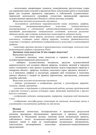 - использовать декоративные элементы, геометрические, растительные узоры
для украшения своих изделий и предметов быта; использовать ритм и стилизацию
форм для создания орнамента; передавать в собственной художественно-
творческой деятельности специфику стилистики произведений народных
художественных промыслов в России (с учётом местных условий).
Выпускник получит возможность научиться:
- пользоваться средствами выразительности языка живописи, графики,
скульптуры, декоративноприкладного искусства, художественного
конструирования в собственной художественнотворческой деятельности;
передавать разнообразные эмоциональные состояния, используя различные
оттенки цвета, при создании живописных композиций на заданные темы;
- моделировать новые формы, различные ситуации путём трансформации
известного, создавать новые образы природы, человека, фантастического
существа и построек средствами изобразительного искусства и компьютерной
графики;
- выполнять простые рисунки и орнаментальные композиции, используя язык
компьютерной графики в программе Paint.
Значимые темы искусства. О чём говорит искусство?
Выпускник научится:
- осознавать значимые темы искусства и отражать их в собственной
художественнотворческой деятельности;
- выбирать художественные материалы, средства художественной
выразительности для создания образов природы, человека, явлений и передачи
своего отношения к ним; решать художественные задачи (передавать характер и
намерения объекта - природы, человека, сказочного героя, предмета, явления и 
т.д. в живописи, графике и скульптуре, выражая своё отношение к качествам
данного объекта) с опорой на правила перспективы, цветоведения, усвоенные
способы действия.
Выпускник получит возможность научиться:
- видеть, чувствовать и изображать красоту и разнообразие природы,
человека, зданий, предметов;
- понимать и передавать в художественной работе разницу представлений
о красоте человека в разных культурах мира; проявлять терпимость к другим
вкусам и мнениям;
- изображать пейзажи, натюрморты, портреты, выражая своё отношение
к ним;
- изображать многофигурные композиции на значимые жизненные темы и
участвовать в коллективных работах на эти темы.
Музыка
Достижение личностных, метапредметных и предметных результатов
освоения программы обучающимися происходит в процессе активного
восприятия и обсуждения музыки, освоения основ музыкальной грамоты,
собственного опыта музыкально-творческой деятельности обучающихся:
хорового пения и игры на элементарных музыкальных инструментах,
пластическом интонировании, подготовке музыкально-театрализованных
представлений.
40
 