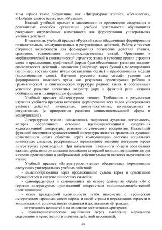 этом играют такие дисциплины, как «Литературное чтение», «Технология»,
«Изобразительное искусство», «Музыка».
Каждый учебный предмет в зависимости от предметного содержания и
релевантных способов организации учебной деятельности обучающихся
раскрывает определённые возможности для формирования универсальных
учебных действий.
В частности, учебный предмет «Русский язык» обеспечивает формирование
познавательных, коммуникативных и регулятивных действий. Работа с текстом
открывает возможности для формирования логических действий анализа,
сравнения, установления причинноследственных связей. Ориентация в
морфологической и синтаксической структуре языка и усвоение правил строения
слова и предложения, графической формы букв обеспечивают развитие знаково-
символических действий - замещения (например, звука буквой), моделирования
(например, состава слова путём составления схемы) и преобразования модели
(видоизменения слова). Изучение русского языка создаёт условия для
формирования языкового чутья как результата ориентировки ребёнка в
грамматической и синтаксической структуре родного языка и обеспечивает
успешное развитие адекватных возрасту форм и функций речи, включая
обобщающую и планирующую функции.
Учебный предмет «Литературное чтение». Требования к результатам
изучения учебного предмета включают формирование всех видов универсальных
учебных действий: личностных, коммуникативных, познавательных и
регулятивных (с приоритетом развития ценностносмысловой сферы и
коммуникации).
Литературное чтение - осмысленная, творческая духовная деятельность,
которая обеспечивает освоение идейнонравственного содержания
художественной литературы, развитие эстетического восприятия. Важнейшей
функцией восприятия художественной литературы является трансляция духовно-
нравственного опыта общества через коммуникацию системы социальных
личностных смыслов, раскрывающих нравственное значение поступков героев
литературных произведений. При получении начального общего образования
важным средством организации понимания авторской позиции, отношения автора
к героям произведения и отображаемой действительности является выразительное
чтение.
Учебный предмет «Литературное чтение» обеспечивает формирование
следующих универсальных учебных действий:
- смыслообразования через прослеживание судьбы героя и ориентацию
обучающегося в системе личностных смыслов;
- самоопределения и самопознания на основе сравнения образа «Я» с
героями литературных произведений посредством эмоциональнодейственной
идентификации;
- основ гражданской идентичности путём знакомства с героическим
историческим прошлым своего народа и своей страны и переживания гордости и
эмоциональной сопричастности подвигам и достижениям её граждан;
- эстетических ценностей и на их основе эстетических критериев;
- нравственноэтического оценивания через выявление морального
содержания и нравственного значения действий персонажей;
69
 