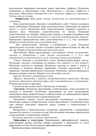 выделяемыми морфемами окончания, корня, приставки, суффикса. Различение
изменяемых и неизменяемых слов. Представление о значении суффиксов и
приставок. Образование однокоренных слов с помощью суффиксов и приставок.
Разбор слова по составу.
Морфология. Части речи; деление частей речи на самостоятельные и
служебные.
Имя существительное. Значение и употребление в речи. Умение опознавать
имена собственные. Различение имён существительных, отвечающих на вопросы
«кто?» и «что?». Различение имён существительных мужского, женского и
среднего рода. Изменение существительных по числам. Изменение
существительных по падежам. Определение падежа, в котором употреблено имя
существительное. Различение падежных и смысловых (синтаксических) вопросов.
Определение принадлежности имён существительных к 1, 2, 3-му склонению.
Морфологический разбор имён существительных.
Имя прилагательное. Значение и употребление в речи. Изменение
прилагательных по родам, числам и падежам, кроме прилагательных на -ий, -ья,
-ов, -ин. Морфологический разбор имён прилагательных.
Местоимение. Общее представление о местоимении. Личные местоимения,
значение и употребление в речи. Личные местоимения 1, 2, 3-го лица
единственного и множественного числа. Склонение личных местоимений.
Глагол. Значение и употребление в речи. Неопределённая форма глагола.
Различение глаголов, отвечающих на вопросы «что сделать?» и «что делать?».
Изменение глаголов по временам. Изменение глаголов по лицам и числам в
настоящем и будущем времени (спряжение). Способы определения I и II
спряжения глаголов (практическое овладение). Изменение глаголов прошедшего
времени по родам и числам. Морфологический разбор глаголов.
Наречие. Значение и употребление в речи.
Предлог. Знакомство с наиболее употребительными предлогами. Функция
предлогов: образование падежных форм имён существительных и местоимений.
Отличие предлогов от приставок.
Союзы и, а, но, их роль в речи. Частица не, её значение.
Синтаксис. Различение предложения, словосочетания, слова (осознание их
сходства и различий). Различение предложений по цели высказывания:
повествовательные, вопросительные и побудительные; по эмоциональной окраске
(интонации): восклицательные и невосклицательные.
Нахождение главных членов предложения: подлежащего и сказуемого.
Различение главных и второстепенных членов предложения. Установление связи
(при помощи смысловых вопросов) между словами в словосочетании и
предложении.
Нахождение и самостоятельное составление предложений с однородными
членами без союзов и с союзами и, а, но. Использование интонации перечисления
в предложениях с однородными членами.
Различение простых и сложных предложений.
Орфография и пунктуация. Формирование орфографической зоркости,
использование разных способов выбора написания в зависимости от места
орфограммы в слове. Использование орфографического словаря.
Применение правил правописания:
86
 
