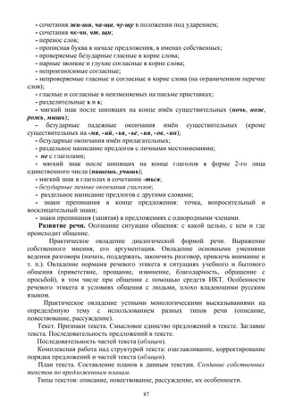 - сочетания жи-ши, ча-ща, чу-щу в положении под ударением;
- сочетания чк-чн, чт, щн;
- перенос слов;
- прописная буква в начале предложения, в именах собственных;
- проверяемые безударные гласные в корне слова;
- парные звонкие и глухие согласные в корне слова;
- непроизносимые согласные;
- непроверяемые гласные и согласные в корне слова (на ограниченном перечне
слов);
- гласные и согласные в неизменяемых на письме приставках;
- разделительные ъ и ь;
- мягкий знак после шипящих на конце имён существительных (ночь, нож,
рожь, мышь);
- безударные падежные окончания имён существительных (кроме
существительных на -мя, -ий, -ья, -ье, -ия, -ов, -ин);
- безударные окончания имён прилагательных;
- раздельное написание предлогов с личными местоимениями;
- не с глаголами;
- мягкий знак после шипящих на конце глаголов в форме 2-го лица
единственного числа (пишешь, учишь);
- мягкий знак в глаголах в сочетании -ться;
- безударные личные окончания глаголов;
- раздельное написание предлогов с другими словами;
- знаки препинания в конце предложения: точка, вопросительный и
восклицательный знаки;
- знаки препинания (запятая) в предложениях с однородными членами.
Развитие речи. Осознание ситуации общения: с какой целью, с кем и где
происходит общение.
Практическое овладение диалогической формой речи. Выражение
собственного мнения, его аргументация. Овладение основными умениями
ведения разговора (начать, поддержать, закончить разговор, привлечь внимание и
т. п.). Овладение нормами речевого этикета в ситуациях учебного и бытового
общения (приветствие, прощание, извинение, благодарность, обращение с
просьбой), в том числе при общении с помощью средств ИКТ. Особенности
речевого этикета в условиях общения с людьми, плохо владеющими русским
языком.
Практическое овладение устными монологическими высказываниями на
определённую тему с использованием разных типов речи (описание,
повествование, рассуждение).
Текст. Признаки текста. Смысловое единство предложений в тексте. Заглавие
текста. Последовательность предложений в тексте.
Последовательность частей текста (абзацев).
Комплексная работа над структурой текста: озаглавливание, корректирование
порядка предложений и частей текста (абзацев).
План текста. Составление планов к данным текстам. Создание собственных
текстов по предложенным планам.
Типы текстов: описание, повествование, рассуждение, их особенности.
87
 
