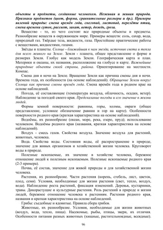 объекты и предметы, созданные человеком. Неживая и живая природа.
Признаки предметов (цвет, форма, сравнительные размеры и др.). Примеры
явлений природы: смена времён года, снегопад, листопад, перелёты птиц,
смена времени суток, рассвет, закат, ветер, дождь, гроза.
Вещество - то, из чего состоят все природные объекты и предметы.
Разнообразие веществ в окружающем мире. Примеры веществ: соль, сахар, вода,
природный газ. Твёрдые тела, жидкости, газы. Простейшие практические работы
с веществами, жидкостями, газами.
Звёзды и планеты. Солнце - ближайшая к нам звезда, источник света и тепла
для всего живого на Земле. Земля - планета, общее представление о форме и
размерах Земли. Глобус как модель Земли. Географическая карта и план.
Материки и океаны, их названия, расположение на глобусе и карте. Важнейшие
природные объекты своей страны, района. Ориентирование на местности.
Компас.
Смена дня и ночи на Земле. Вращение Земли как причина смены дня и ночи.
Времена года, их особенности (на основе наблюдений). Обращение Земли вокруг
Солнца как причина смены времён года. Смена времён года в родном крае на
основе наблюдений.
Погода, её составляющие (температура воздуха, облачность, осадки, ветер).
Наблюдение за погодой своего края. Предсказание погоды и его значение в жизни
людей.
Формы земной поверхности: равнины, горы, холмы, овраги (общее
представление, условное обозначение равнин и гор на карте). Особенности
поверхности родного края (краткая характеристика на основе наблюдений).
Водоёмы, их разнообразие (океан, море, река, озеро, пруд); использование
человеком. Водоёмы родного края (названия, краткая характеристика на основе
наблюдений).
Воздух - смесь газов. Свойства воздуха. Значение воздуха для растений,
животных, человека.
Вода. Свойства воды. Состояния воды, её распространение в природе,
значение для живых организмов и хозяйственной жизни человека. Круговорот
воды в природе.
Полезные ископаемые, их значение в хозяйстве человека, бережное
отношение людей к полезным ископаемым. Полезные ископаемые родного края
(2-3 примера).
Почва, её состав, значение для живой природы и для хозяйственной жизни
человека.
Растения, их разнообразие. Части растения (корень, стебель, лист, цветок,
плод, семя). Условия, необходимые для жизни растения (свет, тепло, воздух,
вода). Наблюдение роста растений, фиксация изменений. Деревья, кустарники,
травы. Дикорастущие и культурные растения. Роль растений в природе и жизни
людей, бережное отношение человека к растениям. Растения родного края,
названия и краткая характеристика на основе наблюдений.
Грибы: съедобные и ядовитые. Правила сбора грибов.
Животные, их разнообразие. Условия, необходимые для жизни животных
(воздух, вода, тепло, пища). Насекомые, рыбы, птицы, звери, их отличия.
Особенности питания разных животных (хищные, растительноядные, всеядные).
96
 