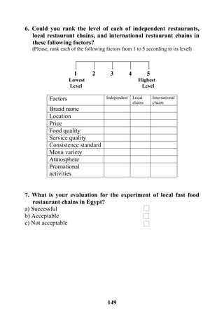 149
6. Could you rank the level of each of independent restaurants,
local restaurant chains, and international restaurant chains in
these following factors?
(Please, rank each of the following factors from 1 to 5 according to its level)
1 2 3 4 5
Lowest Highest
Level Level
International
chains
Local
chains
IndependentFactors
Brand name
Location
Price
Food quality
Service quality
Consistence standard
Menu variety
Atmosphere
Promotional
activities
7. What is your evaluation for the experiment of local fast food
restaurant chains in Egypt?
a) Successful
b) Acceptable
c) Not acceptable
 