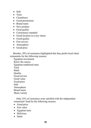 58
 Safe
 Trust
 Cleanliness
 Good promotions
 Brand name
 New product
 Food quality
 Consistence standard
 Good location in every where
 Good quality
 Fast service
 Atmosphere
 Good price
Besides, 38% of customers highlighted that they prefer local chain
restaurants for the following reasons:
Egyptian investment
Know the source
Egyptian traditional taste
Trust
Halal
Quality
Good service
Good value
Good price
Safe
Atmosphere
Brand name
Menu variety
Only 25% of customers were satisfied with the independent
restaurants' food for the following reasons:
 Good price
 Fair value
 Egyptian taste
 Delicious
 Halal
 