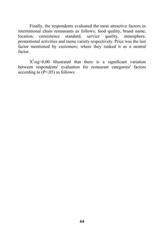 64
Finally, the respondents evaluated the most attractive factors in
international chain restaurants as follows; food quality, brand name,
location, consistence standard, service quality, atmosphere,
promotional activities and menu variety respectively. Price was the last
factor mentioned by customers; where they ranked it as a neutral
factor.
X2
sig=0,00 illustrated that there is a significant variation
between respondents' evaluation for restaurant categories' factors
according to (P<,05) as follows:
 