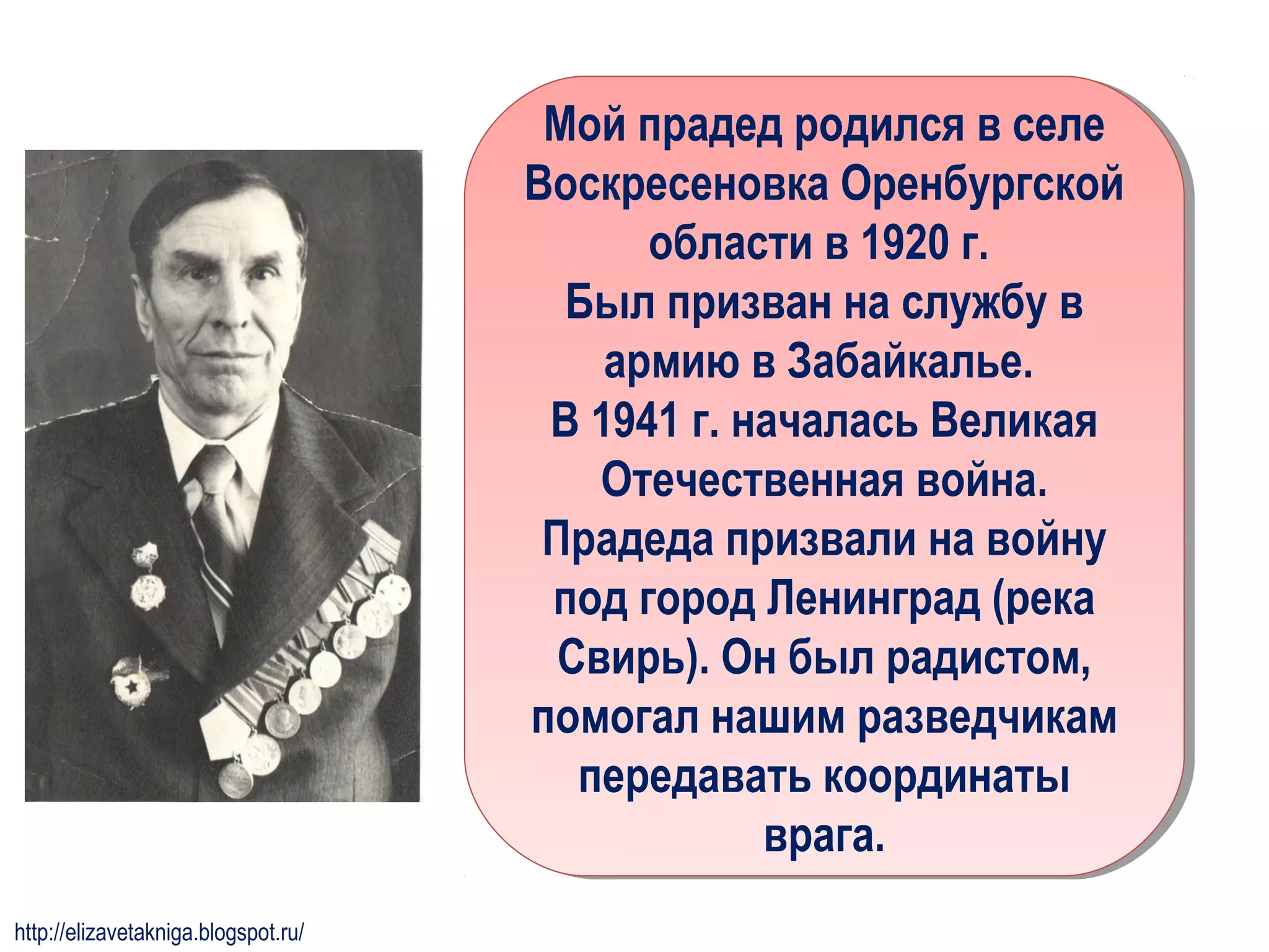 Мой прадед родился в селе
Воскресеновка Оренбургской
области в 1920 г.
Был призван на службу в
армию в Забайкалье.
В 1941 г. началась Великая
Отечественная война.
Прадеда призвали на войну
под город Ленинград (река
Свирь). Он был радистом,
помогал нашим разведчикам
передавать координаты
врага.
Мой прадед родился в селе
Воскресеновка Оренбургской
области в 1920 г.
Был призван на службу в
армию в Забайкалье.
В 1941 г. началась Великая
Отечественная война.
Прадеда призвали на войну
под город Ленинград (река
Свирь). Он был радистом,
помогал нашим разведчикам
передавать координаты
врага.
http://elizavetakniga.blogspot.ru/
 