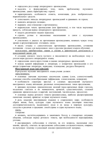 13
 определять род и жанр литературного произведения;
 выделять и формулировать тему, идею, проблематику изученного
произведения; давать характеристику героев;
 характеризовать особенности сюжета, композиции, роль изобразительно-
выразительных средств;
 сопоставлять эпизоды литературных произведений и сравнивать их героев;
 выявлять авторскую позицию;
 выражать свое отношение к прочитанному;
 выразительно читать произведения (или фрагменты), в том числе выученные
наизусть, соблюдая нормы литературного произношения;
 владеть различными видами пересказа;
 строить устные и письменные высказывания в связи с изученным
произведением;
 участвовать в диалоге по прочитанным произведениям, понимать чужую точку
зрения и аргументированно отстаивать свою;
 писать отзывы о самостоятельно прочитанных произведениях, сочинения
(сочинения - только для выпускников школ с русским (родным) языком обучения).
использовать приобретенные знания и умения в практической деятельности и
повседневной жизни для:
 создания связного текста (устного и письменного) на необходимую тему с
учетом норм русского литературного языка;
 определения своего круга чтения и оценки литературных произведений;
 поиска нужной информации о литературе, о конкретном произведении и его
авторе (справочная литература, периодика, телевидение, ресурсы Интернета).
Иностранный язык (английский)
В результате изучения иностранного языка ученик должен:
знать/понимать:
 основные значения изученных лексических единиц (слов, словосочетаний);
основные способы словообразования (аффиксация, словосложение, конверсия);
 особенности структуры простых и сложных предложений изучаемого
иностранного языка; интонацию различных коммуникативных типов предложения;
 признаки изученных грамматических явлений (видо-временных форм глаголов,
модальных глаголов и их эквивалентов, артиклей, существительных, степеней
сравнения прилагательных и наречий, местоимений, числительных, предлогов);
 основные нормы речевого этикета (реплики-клише, наиболее распространенная
оценочная лексика), принятые в стране изучаемого языка;
 роль владения иностранными языками в современном мире; особенности
образа жизни, быта, культуры стран изучаемого языка (всемирно известные
достопримечательности, выдающиеся люди и их вклад в мировую культуру),
сходство и различия в традициях своей страны и стран изучаемого языка;
уметь:
говорение:
 начинать, вести/поддерживать и заканчивать беседу в стандартных ситуациях
общения, соблюдая нормы речевого этикета, при необходимости переспрашивая,
уточняя;
 расспрашивать собеседника и отвечать на его вопросы, высказывая свое
мнение, просьбу, отвечать на предложение собеседника согласием/отказом, опираясь
на изученную тематику и усвоенный лексико-грамматический материал;
 