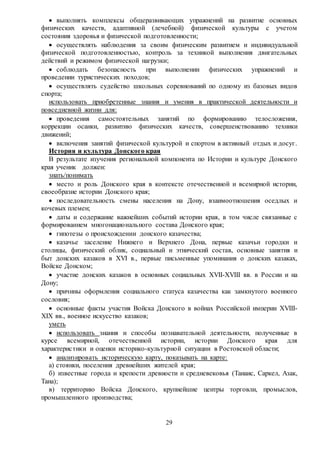 29
 выполнять комплексы общеразвивающих упражнений на развитие основных
физических качеств, адаптивной (лечебной) физической культуры с учетом
состояния здоровья и физической подготовленности;
 осуществлять наблюдения за своим физическим развитием и индивидуальной
физической подготовленностью, контроль за техникой выполнения двигательных
действий и режимом физической нагрузки;
 соблюдать безопасность при выполнении физических упражнений и
проведении туристических походов;
 осуществлять судейство школьных соревнований по одному из базовых видов
спорта;
использовать приобретенные знания и умения в практической деятельности и
повседневной жизни для:
 проведения самостоятельных занятий по формированию телосложения,
коррекции осанки, развитию физических качеств, совершенствованию техники
движений;
 включения занятий физической культурой и спортом в активный отдых и досуг.
История и культура Донского края
В результате изучения региональной компонента по Истории и культуре Донского
края ученик должен:
знать/понимать
 место и роль Донского края в контексте отечественной и всемирной истории,
своеобразие истории Донского края;
 последовательность смены населения на Дону, взаимоотношения оседлых и
кочевых племен;
 даты и содержание важнейших событий истории края, в том числе связанные с
формированием многонационального состава Донского края;
 гипотезы о происхождении донского казачества;
 казачье заселение Нижнего и Верхнего Дона, первые казачьи городки и
столицы, физический облик, социальный и этнический состав, основные занятия и
быт донских казаков в XVI в., первые письменные упоминания о донских казаках,
Войске Донском;
 участие донских казаков в основных социальных XVII-XVIII вв. в России и на
Дону;
 причины оформления социального статуса казачества как замкнутого военного
сословия;
 основные факты участия Войска Донского в войнах Российской империи XVIII-
XIX вв., военное искусство казаков;
уметь
 использовать знания и способы познавательной деятельности, полученные в
курсе всемирной, отечественной истории, истории Донского края для
характеристики и оценки историко-культурной ситуации в Ростовской области;
 анализировать историческую карту, показывать на карте:
а) стоянки, поселения древнейших жителей края;
б) известные города и крепости древности и средневековья (Танаис, Саркел, Азак,
Тана);
в) территорию Войска Донского, крупнейшие центры торговли, промыслов,
промышленного производства;
 