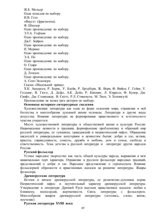 45
Ж.Б. Мольер
Одна комедия по выбору.
И.В. Гете
«Фауст» (фрагменты).
Ф. Шиллер
Одно произведение по выбору.
Э.Т.А. Гофман
Одно произведение по выбору.
Дж.Г. Байрон
Одно произведение по выбору.
П. Мериме
Одно произведение по выбору.
Э.А. По
Одно произведение по выбору.
О. Генри
Одно произведение по выбору.
Д. Лондон
Одно произведение по выбору.
А. Сент-Экзюпери
Сказка «Маленький принц».
Х.К. Андерсен, Р. Бернс, У. Блейк, Р. Брэдбери, Ж. Верн, Ф. Вийон, Г. Гейне, У.
Голдинг, В. Гюго, Д. Дефо, А.К. Дойл, Р. Киплинг, Л. Кэрролл, Ф. Купер, Дж.
Свифт, Дж. Сэлинджер, В. Скотт, Р.Л. Стивенсон, М. Твен, Э. Хемингуэй.
Произведения не менее трех авторов по выбору.
Основные историко-литературные сведения
Художественная литература как одна из форм освоения мира, отражение в ней
богатства и многообразия духовной жизни человека. Литература и другие виды
искусства. Влияние литературы на формирование нравственного и эстетического
чувства учащегося.
Место художественной литературы в общественной жизни и культуре России.
Национальные ценности и традиции, формирующие проблематику и образный мир
русской литературы, ее гуманизм, гражданский и патриотический пафос. Обращение
писателей к универсальным категориям и ценностям бытия: добро и зло, истина,
красота, справедливость, совесть, дружба и любовь, дом и семья, свобода и
ответственность. Тема детства в русской литературе и литературе других народов
России.
Русский фольклор
Устное народное творчество как часть общей культуры народа, выражение в нем
национальных черт характера. Отражение в русском фольклоре народных традиций,
представлений о добре и зле. Народное представление о героическом. Влияние
фольклорной образности и нравственных идеалов на развитие литературы. Жанры
фольклора.
Древнерусская литература
Истоки и начало древнерусской литературы, ее религиозно-духовные корни.
Патриотический пафос и поучительный характер древнерусской литературы.
Утверждение в литературе Древней Руси высоких нравственных идеалов: любви к
ближнему, милосердия, жертвенности. Связь литературы с фольклором.
Многообразие жанров древнерусской литературы (летопись, слово, житие,
поучение).
Русская литература XVIII века
 