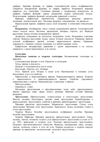 53
графики. Линейная функция, ее график, геометрический смысл коэффициентов.
Гипербола. Квадратичная функция, ее график, парабола. Координаты вершины
параболы, ось симметрии. Степенные функции с натуральным показателем, их
графики. Графики функций: корень квадратный, корень кубический, модуль.
Использование графиков функций для решения уравнений и систем.
Примеры графических зависимостей, отражающих реальные процессы:
колебание, показательный рост. Числовые функции, описывающие эти процессы.
Параллельный перенос графиков вдоль осей координат и симметрия относительно
осей.
Координаты. Изображение чисел очками координатной прямой. Геометрический
смысл модуля числа. Числовые промежутки: интервал, отрезок, луч. Формула
расстояния между точками координатной прямой.
Декартовы координаты на плоскости; координаты точки. Координаты середины
отрезка. Формула расстояния между двумя точками плоскости. Уравнение прямой,
угловой коэффициент прямой, условие параллельности прямых. Уравнение
окружности с центром в начале координат и в любой заданной точке.
Графическая интерпретация уравнений с двумя переменными и их систем,
неравенств с двумя переменными и их систем.
Геометрия
Начальные понятия и теоремы геометрии. Возникновение геометрии из
практики.
Геометрические фигуры и тела. Равенство в геометрии.
Точка, прямая и плоскость.
Понятие о геометрическом месте точек.
Расстояние. Отрезок, луч. Ломаная.
Угол. Прямой угол. Острые и тупые углы. Вертикальные и смежные углы.
Биссектриса угла и ее свойства.
Параллельные и пересекающиеся прямые. Перпендикулярность прямых. Теоремы
о параллельности и перпендикулярности прямых. Свойство серединного
перпендикуляра к отрезку. Перпендикуляр и наклонная к прямой.
Многоугольники.
Окружность и круг.
Наглядные представления о пространственных телах: кубе, параллелепипеде,
призме, пирамиде, шаре, сфере, конусе, цилиндре. Примеры сечений. Примеры
разверток.
Треугольник. Прямоугольные, остроугольные и тупоугольные треугольники.
Высота, медиана, биссектриса, средняя линия треугольника. Равнобедренные и
равносторонние треугольники; свойства и признаки равнобедренного треугольника.
Признаки равенства треугольников. Неравенство треугольника. Сумма углов
треугольника. Внешние углы треугольника. Зависимость между величинам сторон и
углов треугольника.
Теорема Фалеса. Подобие треугольников; коэффициент подобия. Признаки
подобия треугольников.
Теорема Пифагора. Признаки равенства прямоугольных треугольников. Синус,
косинус, тангенс, котангенс острого угла прямоугольного треугольника и углов от 0°
до 180°; приведение к острому углу. Решение прямоугольных треугольников.
Основное тригонометрическое тождество. Формулы, связывающие синус, косинус,
тангенс, котангенс одного и того же угла. Теорема косинусов и теорема синусов;
примеры их применения для вычисления элементов треугольника.
 