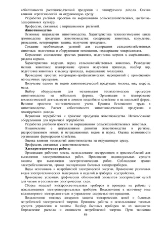 86
себестоимости растениеводческой продукции и планируемого дохода. Оценка
влияния агротехнологий на окружающую среду.
Разработка учебных проектов по выращиванию сельскохозяйственных, цветочно-
декоративных культур.
Профессии, связанные с выращиванием растений.
Животноводство
Основные направления животноводства. Характеристика технологического цикла
производства продукции животноводства: содержание животных, кормление,
разведение, ветеринарная защита, получение продукции.
Создание необходимых условий для содержания сельскохозяйственных
животных: подготовка и оборудование помещения, поддержание микроклимата.
Кормление: составление простых рационов, подготовка кормов к скармливанию,
раздача кормов.
Характеристика ведущих пород сельскохозяйственных животных. Разведение
мелких животных: планирование сроков получения приплода, подбор пар,
подготовка животных к выходу приплода, выращивание молодняка.
Проведение простых ветеринарно-профилактических мероприятий с применением
нетоксичных препаратов.
Получение одного из видов животноводческой продукции: молока, яиц, шерсти,
меда.
Выбор оборудования для механизации технологических процессов
животноводства на небольших фермах. Организация и планирование
технологической деятельности в личном подсобном хозяйстве и на школьной ферме.
Ведение простого зоотехнического учета. Правила безопасного труда в
животноводстве. Расчет себестоимости животноводческой продукции и
планируемого дохода.
Первичная переработка и хранение продукции животноводства. Использование
оборудования для первичной переработки.
Разработка учебного проекта по выращиванию сельскохозяйственных животных.
Ознакомление с направлениями развития животноводства в регионе,
распространением новых и нетрадиционных видов и пород. Оценка возможности
организации фермерского хозяйства.
Оценка влияния технологий животноводства на окружающую среду.
Профессии, связанные с животноводством.
Электротехнические работы
Организация рабочего места, использование инструментов и приспособлений для
выполнения электромонтажных работ. Применение индивидуальных средств
защиты при выполнении электротехнических работ. Соблюдение правил
электробезопасности, правил эксплуатации бытовых электроприборов.
Виды источников и потребителей электрической энергии. Применение различных
видов электротехнических материалов и изделий в приборах и устройствах.
Применение условных графических обозначений элементов электрических цепей
для чтения и составления электрических схем.
Сборка моделей электроосветительных приборов и проверка их работы с
использованием электроизмерительных приборов. Подключение к источнику тока
коллекторного электродвигателя и управление скоростью его вращения.
Подключение типовых аппаратов защиты электрических цепей и бытовых
потребителей электрической энергии. Принципы работы и использование типовых
средств управления и защиты. Подбор бытовых приборов по их мощности.
Определение расхода и стоимости потребляемой энергии. Пути экономии
 