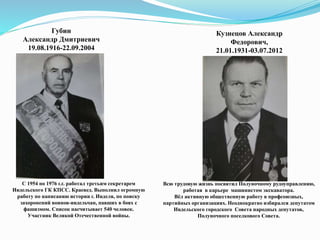 Губин
Александр Дмитриевич
19.08.1916-22.09.2004
Кузнецов Александр
Федорович,
21.01.1931-03.07.2012
С 1954 по 1976 г.г. работал третьим секретарем
Ивдельского ГК КПСС. Краевед. Выполнил огромную
работу по написанию истории г. Ивделя, по поиску
захоронений воинов-ивдельчан, павших в боях с
фашизмом. Список насчитывает 540 человек.
Участник Великой Отечественной войны.
Всю трудовую жизнь посвятил Полуночному рудоуправлению,
работая в карьере машинистом экскаватора.
Вёл активную общественную работу в профсоюзных,
партийных организациях. Неоднократно избирался депутатом
Ивдельского городского Совета народных депутатов,
Полуночного поселкового Совета.
 