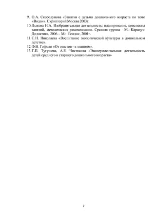 7
9. О.А. Скоролупова «Занятия с детьми дошкольного возраста по теме
«Вода»». СкрипторийМосква2003г.
10.Лыкова И.А. Изобразительная деятельность: планирование, конспекты
занятий, методические рекомендации. Средняя группа - М.: Карапуз-
Дидактика, 2006.– М.: Владос, 2001г.
11.С.Н. Николаева «Воспитание экологической культуры в дошкольном
детстве».
12.Ф.В. Гофман «От опытов - к знаниям».
13.Г.П. Тугушева, А.Е. Чистякова «Экспериментальная деятельность
детей среднего и старшего дошкольного возраста»
 