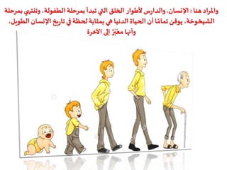 ‫هنا‬ ‫اد‬‫ر‬‫وامل‬:‫اإلنسان‬.‫وتنت‬،‫الطفولة‬ ‫بمرحلة‬ ‫تبدأ‬ ‫التي‬ ‫الخلق‬ ‫ْلطوار‬‫س‬‫ر‬‫والدا‬‫بمرحلة‬ ‫هي‬
‫اإلنسان‬‫يخ‬‫ر‬‫تا‬ ‫في‬ ‫لحظة‬‫بمثابة‬ ‫هي‬‫الدنيا‬‫الحياة‬ ‫أن‬‫ا‬‫تمام‬ ‫يوقن‬ ،‫الشيخوخة‬،‫الطويل‬
‫اآلخرة‬ ‫إلى‬ ٌ‫ر‬َ‫ب‬ْ‫مع‬ ‫وأنها‬
 