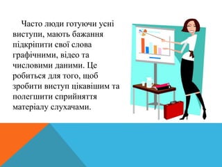 Часто люди готуючи усні
виступи, мають бажання
підкріпити свої слова
графічними, відео та
числовими даними. Це
робиться для того, щоб
зробити виступ цікавішим та
полегшити сприйняття
матеріалу слухачами.
 