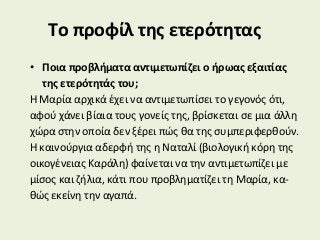 Το προφίλ της ετερότητας
• Ποια προβλήματα αντιμετωπίζει ο ήρωας εξαιτίας
της ετερότητάς του;
Η Μαρία αρχικά έχει να αντιμετωπίσει το γεγονός ότι,
αφού χάνει βίαια τους γονείς της, βρίσκεται σε μια άλλη
χώρα στην οποία δεν ξέρει πώς θα της συμπεριφερθούν.
Η καινούργια αδερφή της η Ναταλί (βιολογική κόρη της
οικογένειας Καράλη) φαίνεται να την αντιμετωπίζει με
μίσος και ζήλια, κάτι που προβληματίζει τη Μαρία, κα-
θώς εκείνη την αγαπά.
 