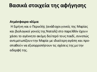 Βασικά στοιχεία της αφήγησης
Ατμόσφαιρα-κλίμα:
Η Ειρήνη και ο Περικλής (ανάδοχοι γονείς της Μαρίας
και βιολογικοί γονείς της Ναταλί) στο παρελθόν έχουν
χάσει το αγέννητο ακόμη δεύτερό τους παιδί, συνεπώς
αντιμετωπίζουν την Μαρία με ιδιαίτερη αγάπη και προ-
σπαθούν να εξισορροπήσουν τις σχέσεις της με την
αδερφή της.
 