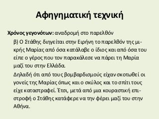 Αφηγηματική τεχνική
Χρόνος γεγονότων: αναδρομή στο παρελθόν
β) Ο Στάθης διηγείται στην Ειρήνη το παρελθόν της μι-
κρής Μαρίας από όσα κατάλαβε ο ίδιος και από όσα του
είπε ο γέρος που τον παρακάλεσε να πάρει τη Μαρία
μαζί του στην Ελλάδα.
Δηλαδή ότι από τους βομβαρδισμούς είχαν σκοτωθεί οι
γονείς της Μαρίας όπως και ο σκύλος και το σπίτι τους
είχε καταστραφεί. Έτσι, μετά από μια κουραστική επι-
στροφή ο Στάθης κατάφερε να την φέρει μαζί του στην
Αθήνα.
 
