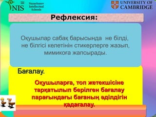 3-15 “3”15-25 “4”25-35 “5”
Р
/
с
Оқушыны
ң
аты-жөні
Үй тапсырмасын
сұрау Жаңа сабақ Жалпы
балы
Кескін
картамен
жұмыс
Тест
жұмысы
Ой
шақыру
Білім алмас-аянба.
Кескін Тақырып
карта қорғау
Ойлан,тап Бес
жолды
өлең
Бағалау
парағы
Бағалау.
Оқушыларға, топ жетекшісіне
тарқатылып берілген бағалау
парағындағы бағаның әділдігін
қадағалау.
Оқушылар сабақ барысында не білді,
не білгісі келетінін стикерлерге жазып,
мимикоға жапсырады.
Рефлексия:
 