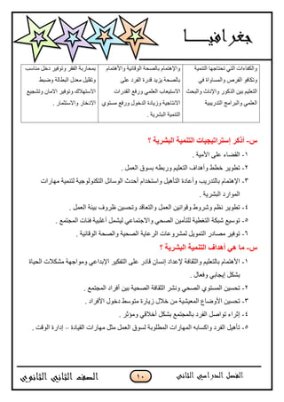 11
‫اٌزّٕ١خ‬ ‫رؾزبعٙب‬ ٟ‫اٌز‬ ‫ٚاٌىفبءاد‬
ٟ‫ف‬ ‫ٚاٌّغبٚاح‬ ‫اٌفشؿ‬ ٛ‫ٚرىبف‬
‫ٚاٌجؾش‬ ‫ٚا٦ٔبس‬ ‫اٌزوٛس‬ ٓ١‫ث‬ ُ١ٍْ‫اٌز‬
‫اٌزذس٠ج١خ‬ ‫ٚاٌجشاِظ‬ ٌٍّْٟ‫ا‬
َ‫ٚا٤٘زّب‬ ‫اٌٛلبئ١خ‬ ‫ثبٌقؾخ‬ َ‫ٚا٦٘زّب‬
ٍّٝ ‫اٌفشد‬ ‫لذسح‬ ‫٠ض٠ذ‬ ‫ثبٌقؾخ‬
‫اٌمذساد‬ ِ‫ٚسف‬ ٌٍّْٟ‫ا‬ ‫االعز١ْبة‬
ٞٛ‫ِغز‬ ِ‫ٚسف‬ ‫اٌذخٛي‬ ‫ٚص٠بدح‬ ‫االٔزبع١خ‬
. ‫اٌجؾش٠خ‬ ‫اٌزّٕ١خ‬
‫ِٕبعت‬ ً‫دخ‬ ‫ٚرٛف١ش‬ ‫اٌفمش‬ ‫ثّؾبسثخ‬
‫ٚمجو‬ ‫اٌجيبٌخ‬ ‫ِْذي‬ ً١ٍ‫ٚرم‬
ِ١‫ٚرؾغ‬ ْ‫االِب‬ ‫ٚرٛف١ش‬ ‫االعزٙالن‬
. ‫ٚاالعزضّبس‬ ‫االدخبس‬
‫ط‬-‫؟‬ ‫انثششٌح‬ ‫انرًٍُح‬ ‫إعرشاذٍعٍاخ‬ ‫أركش‬
1-. ‫ا٤ِ١خ‬ ٍّٝ ‫اٌمنبء‬
2-. ًٌّْ‫ا‬ ‫ثغٛق‬ ٗ‫ٚسثي‬ ُ١ٍْ‫اٌز‬ ‫ٚأ٘ذاف‬ ‫خيو‬ ‫ريٛ٠ش‬
3-‫ثبٌزذس٠ت‬ َ‫ا٦٘زّب‬‫ِٙبساد‬ ‫ٌزّٕ١خ‬ ‫اٌزىٌٕٛٛع١خ‬ ً‫اٌٛعبئ‬ ‫أؽذس‬ َ‫ٚاعزخذا‬ ً١٘‫اٌزؤ‬ ‫ٚأّبدح‬
. ‫اٌجؾش٠خ‬ ‫اٌّٛاسد‬
4-. ًٌّْ‫ا‬ ‫ث١ئخ‬ ‫ٍشٚف‬ ٓ١‫ٚرؾغ‬ ‫ٚاٌزْبلذ‬ ًٌّْ‫ا‬ ٓ١ٔ‫ٚلٛا‬ ‫ٚؽشٚه‬ َُٔ ‫ريٛ٠ش‬
5-. ِّ‫اٌّغز‬ ‫فئبد‬ ‫أغٍج١خ‬ ًّ‫ٌ١ؾ‬ ّٟ‫ٚاالعزّب‬ ٟ‫اٌقؾ‬ ٓ١ِ‫ٌٍزؤ‬ ‫اٌزغي١خ‬ ‫ؽجىخ‬ ِ١‫رٛع‬
6-ٌ‫ا‬ ‫اٌشّب٠خ‬ ‫ٌّؾشّٚبد‬ ً٠ّٛ‫اٌز‬ ‫ِقبدس‬ ‫رٛف١ش‬. ‫اٌٛلبئ١خ‬ ‫ٚاٌقؾخ‬ ‫قؾ١خ‬
‫ط‬-‫؟‬ ‫انثششٌح‬ ‫انرًٍُح‬ ‫أْذاف‬ ًْ ‫يا‬
1-‫اٌؾ١بح‬ ‫ِؾىالد‬ ‫ِٚٛاعٙخ‬ ّٟ‫ا٦ثذا‬ ‫اٌزفى١ش‬ ٍّٝ ‫لبدس‬ ْ‫أغب‬ ‫٦ّذاد‬ ‫ٚاٌضمبفخ‬ ُ١ٍْ‫ثبٌز‬ َ‫ا٤٘زّب‬
. ‫ٚفْبي‬ ٟ‫ا٠غبث‬ ً‫ثؾى‬
2-. ِّ‫اٌّغز‬ ‫أفشاد‬ ٓ١‫ث‬ ‫اٌقؾ١خ‬ ‫اٌضمبفخ‬ ‫ٚٔؾش‬ ٟ‫اٌقؾ‬ ٞٛ‫اٌّغز‬ ٓ١‫رؾغ‬
3-‫ص‬ ‫خالي‬ ِٓ ‫اٌّْ١ؾ١خ‬ ُ‫ا٤ٚمب‬ ٓ١‫رؾغ‬. ‫ا٤فشاد‬ ‫دخٛي‬ ‫ِزٛعو‬ ‫٠بسح‬
4-. ‫ِٚئصش‬ ٟ‫أخالل‬ ً‫ثؾى‬ ِّ‫ثبٌّغز‬ ‫اٌفشد‬ ً‫رٛاف‬ ‫اصشاء‬
5-‫اٌم١بدح‬ ‫ِٙبساد‬ ً‫ِض‬ ًٌّْ‫ا‬ ‫ٌغٛق‬ ‫اٌّيٍٛثخ‬ ‫اٌّٙبساد‬ ٗ‫ٚاوغبث‬ ‫اٌفشد‬ ً١٘‫رؤ‬–. ‫اٌٛلذ‬ ‫اداسح‬
 