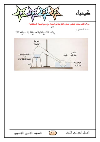 11
‫ط‬6-‫؟‬ ‫انًستخذو‬ ‫انجهاص‬ ‫سسى‬ ‫يع‬ ‫انًعًم‬ ٍ‫ف‬ ‫انُُتشَك‬ ‫حًض‬ ‫تحضُش‬ ‫يعادنح‬ ‫اكتة‬
‫اىحو‬
: ‫اىتحعٍس‬ ‫معبدىخ‬-
2 K NO3 + H2 SO4 → K2SO4 + 2H NO3
Laqaq(s)
‫ثه‬ ‫حىض‬
‫ثبزد‬ ‫مبء‬
‫حمط‬
‫وٍتسٌل‬‫قبثيخ‬
‫ىهت‬
‫تىتاسُى‬ ‫َتشاخ‬‫و‬
+
‫كثشتُك‬ ‫حًض‬‫يشكض‬
‫معىجخ‬
‫شجبجٍخ‬
 