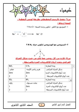 5
‫ط‬6-، ‫إٌمغ١خ‬ ‫ٌٛ٠ظ‬ ‫ثغش٠مخ‬ ٟ‫اٌزخغ١غ‬ ُ‫ثبٌشع‬ ‫ٚضح‬
: ‫اسرجبط‬ ‫و١ف١خ‬
7-‫اٌص١غخ‬ ‫ٚؽذح‬ ٓ٠ٛ‫ٌزى‬ ، ‫اٌىٍٛس‬ ‫ِع‬ َٛ٠‫اٌصٛد‬N a C l‫؟‬
Na
.
+ Cl Na+
Cl-
2-‫خضا‬ ٓ٠ٛ‫ٌزى‬ ٓ١‫اٌٙ١ذسٚخ‬ ‫ِغ‬ ٓ١‫إٌ١زشٚخ‬N H3‫؟‬
N
‫ط‬7-‫اٌدضا‬ ً‫شى‬ ‫ح١ث‬ ِٓ ٍٟ٠ ‫ِّب‬ ٓ١‫صٚخ‬ ً‫و‬ ٓ١‫ث‬ ْ‫لبس‬
. ‫ٚاٌّشرجغخ‬ ‫اٌحشح‬ ‫اإلٌىزشٚٔبد‬ ‫أصٚاج‬ ‫ٚػذد‬ ٟ‫اٌفشاغ‬
‫اٌّمبسٔخ‬ ‫ٚعخ‬C H4Bef2
ٟ‫اٌفشاغ‬ ‫اٌغضا‬ ً‫شى‬
‫اٌؾشح‬ ‫االٌىزشٚٔبد‬ ‫أصٚاط‬ ‫عذد‬
‫اٌّشرجؽخ‬ ‫اإلٌىزشٚٔبد‬ ‫أصٚاط‬ ‫عذد‬
ٗ‫األٚع‬ ٟ‫سثبع‬ َ‫٘ش‬
Zero
4
ٟ‫خؽ‬
Zero
2
‫اٌّمبسٔخ‬ ٗ‫ٚع‬BF3SO2
ٟ‫اٌفشاغ‬ ‫اٌغضا‬ ً‫شى‬
‫اٌؾشح‬ ‫اإلٌىزشٚٔبد‬ ‫أصٚاط‬ ‫عذد‬
‫اٌّشرجؽخ‬ ‫اإلٌىزشٚٔبد‬ ‫أصٚاط‬ ‫عذد‬
ٜٛ‫ِغز‬ ‫ِضٍش‬
Zero
3
ٞٚ‫صا‬
1
2
‫أ‬
‫ب‬
. .
. . .
.
.
. .
. ..
HH
H
 