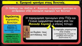Οι διάδοχοι του Αλέξιου Α΄ Κομνηνού επιχείρησαν αργότερα να
αντιδράσουν στην οικονομική κυριαρχία των Βενετών
δημεύοντας
περιουσίες
Βενετών
υποκινώντας
βιαιότητες του
πληθυσμού της
πρωτεύουσας εναντίον
τους
παραχωρώντας
προνόμια και στις
άλλες ιταλικές
ναυτικές πόλεις
(Πίζα και Γένουα)
Η παραχώρηση προνομίων στην Πίζα και
Γένουα εφαρμόστηκε κυρίως από τον
Μανουήλ Κομνηνό, ο οποίος πέτυχε
να διχάσει τους
αντιπάλους του
να παρέμβει στρατιωτικά
στην Ιταλία
(επαναφέροντας στη ζωή τη
φιλόδοξη πολιτική του
Ιουστινιανού Α‘)
α. Εμπορικά προνόμια στους Βενετούς.
 
