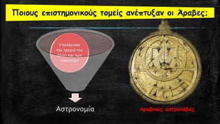 Αστρονομία
Υπολόγισαν
την τροχιά του
ήλιου και των
πλανητών
Ποιους επιστημονικούς τομείς ανέπτυξαν οι Άραβες;
Αραβικός αστρολάβος
 