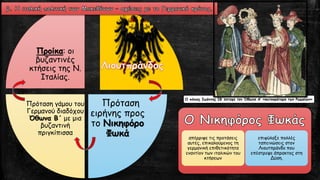 Πρόταση
ειρήνης προς
το Νικηφόρο
Φωκά
Πρόταση γάμου του
Γερμανού διαδόχου
Όθωνα Β΄ με μια
βυζαντινή
πριγκίπισσα
Προίκα: οι
βυζαντινές
κτήσεις της Ν.
Ιταλίας.
απέρριψε τις προτάσεις
αυτές, επικαλούμενος τη
γερμανική επιθετικότητα
εναντίον των ιταλικών του
κτήσεων
επιφύλαξε πολλές
ταπεινώσεις στον
Λιουτπράνδο που
επέστρεψε άπρακτος στη
Δύση.
Ο πάπας Ιωάννης ΙΒ΄έστεψε τον Όθωνα Α’ «αυτοκράτορα των Ρωμαίων»
 