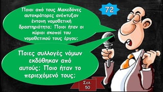 Ποιοι από τους Μακεδόνες
αυτοκράτορες ανέπτυξαν
έντονη νομοθετική
δραστηριότητα; Ποιοι ήταν οι
κύριοι σκοποί του
νομοθετικού τους έργου;
Ποιες συλλογές νόμων
εκδόθηκαν από
αυτούς; Ποιο ήταν το
περιεχόμενό τους;
 