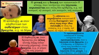 Τα οξύτονα και
παροξύτονα ουσιαστικά β′
κλίσης διατηρούν τον
τόνο τους στην ίδια
συλλαβή σε όλες τις
πτώσεις, π.χ. ὁ νομός, τοῦ
νομοῦ, τῷ νομῷ, τὸν νομόν.
Η κατάληξη -α στον
πληθυντικό των
ουδετέρων είναι
βραχεία, π.χ. τὰ δῶρα.
Η δίφθογγος οι, όταν
βρίσκεται στο τέλος
κλιτής λέξης (πλην
ευκτικής ρήματος), είναι
βραχεία, π.χ. οἱ χῶροι
(αλλά τοῖς χώροις).
Η γενική και η δοτική των ουσιαστικών β′
κλίσης, όταν τονίζονται στη λήγουσα,
περισπώνται και στους δύο αριθμούς, π.χ. τοῦ
ποταμοῦ, τῷ ποταμῶ, τῶν ποταμῶν, τοῖς ποταμοῖς.
Τα προπαροξύτονα
ουσιαστικά β′ κλίσης
τονίζονται στην
προπαραλήγουσα, όταν η
λήγουσα είναι βραχεία, π.χ.
ὁ ἄνθρωπος, οἱ ἄνθρωποι. Ο
τόνος τους κατεβαίνει στην
παραλήγουσα, όταν η
λήγουσα είναι μακρά, π.χ.
τοῦ ἀνθρώπου, τῶν ἀνθρώπων.
 