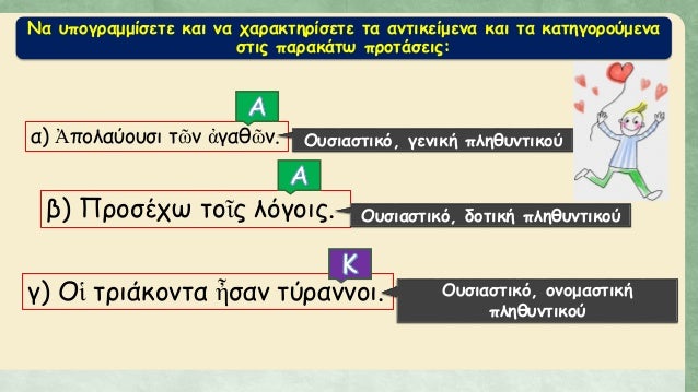 ÎÎ± Ï…Ï€Î¿Î³ÏÎ±Î¼Î¼Î¯ÏƒÎµÏ„Îµ ÎºÎ±Î¹ Î½Î± Ï‡Î±ÏÎ±ÎºÏ„Î·ÏÎ¯ÏƒÎµÏ„Îµ Ï„Î± Î±Î½Ï„Î¹ÎºÎµÎ¯Î¼ÎµÎ½Î± ÎºÎ±Î¹ Ï„Î± ÎºÎ±Ï„Î·Î³Î¿ÏÎ¿ÏÎ¼ÎµÎ½Î±
ÏƒÏ„Î¹Ï‚ Ï€Î±ÏÎ±ÎºÎ¬Ï„Ï‰ Ï€ÏÎ¿Ï„Î¬ÏƒÎµÎ¹Ï‚:
Î±) á¼ˆÏ€Î¿Î»Î±ÏÎ¿Ï…ÏƒÎ¹ Ï„á¿¶Î½ á¼€Î³Î±Î¸á¿¶...