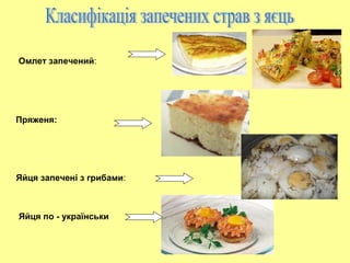 Омлет запечений:
Пряженя:
Яйця запечені з грибами:
Яйця по - українськи
 