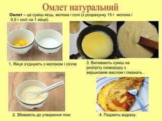 1. Яйця з’єднують з молоком і сіллю
2. Збивають до утворення піни
3. Виливають суміш на
розігріту сковорідку з
вершковим маслом і смажать .
4. Подають відразу.
Омлет – це суміш яєць, молока і солі (з розрахунку 15 г молока і
0,5 г солі на 1 яйце).
.
 