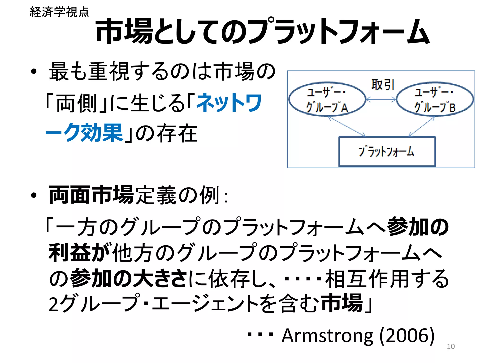 市場としてのプラットフォーム
• 最も重視するのは市場の
「両側」に生じる「ネットワ
ーク効果」の存在
• 両面市場定義の例：
「一方のグループのプラットフォームへ参加の
利益が他方のグループのプラットフォームへ
の参加の大きさに依存し、・・・・相互作用する
2グループ・エージェントを含む市場」
・・・ Armstrong (2006) 10
経済学視点
 