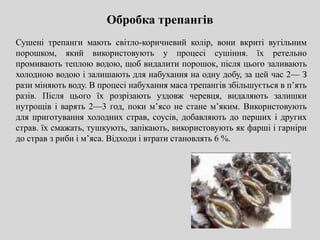 Обробка трепангів
Сушені трепанги мають світло-коричневий колір, вони вкриті вугільним
порошком, який використовують у процесі сушіння. їх ретельно
промивають теплою водою, щоб видалити порошок, після цього заливають
холодною водою і залишають для набухання на одну добу, за цей час 2— З
рази міняють воду. В процесі набухання маса трепангів збільшується в п’ять
разів. Після цього їх розрізають уздовж черевця, видаляють залишки
нутрощів і варять 2—3 год, поки м’ясо не стане м’яким. Використовують
для приготування холодних страв, соусів, добавляють до перших і других
страв. їх смажать, тушкують, запікають, використовують як фарші і гарніри
до страв з риби і м’яса. Відходи і втрати становлять 6 %.
 