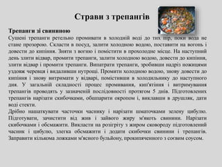 Страви з трепангів
Трепанги зі свининою
Сушені трепанги ретельно промивати в холодній воді до тих пір, поки вода не
стане прозорою. Скласти в посуд, залити холодною водою, поставити на вогонь і
довести до кипіння. Зняти з вогню і помістити в прохолодне місце. На наступний
день злити відвар, промити трепанги, залити холодною водою, довести до кипіння,
злити відвар і промити трепанги. Випатрати трепанги, зробивши надріз ножицями
уздовж черевця і видаливши нутрощі. Промити холодною водою, знову довести до
кипіння і знову витримати у відварі, помістивши в холодильнику до наступного
дня. У загальній складності процес промивання, кип'ятіння і витримування
трепангів проводять у зазначеній послідовності протягом 5 днів. Підготовлених
трепангів нарізати скибочками, обшпарити окропом і, виклавши в друшляк, дати
воді стекти.
Дрібно нашаткувати часточки часнику і нарізати шматочками зелену цибулю.
Підготувати, зачистити від жив і зайвого жиру м'якоть свинини. Нарізати
скибочками і обсмажити. Викласти на розігріту з жиром сковороду підготовлений
часник і цибулю, злегка обсмажити і додати скибочки свинини і трепангів.
Заправити кількома ложками м'ясного бульйону, прокипяченного з соєвим соусом.
 