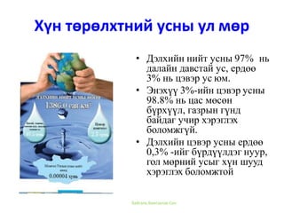 Хүн төрөлхтний усны ул мөр
• Дэлхийн нийт усны 97% нь
далайн давстай ус, ердөө
3% нь цэвэр ус юм.
• Энэхүү 3%-ийн цэвэр усны
98.8% нь цас мөсөн
бүрхүүл, газрын гүнд
байдаг учир хэрэглэх
боломжгүй.
• Дэлхийн цэвэр усны ердөө
0,3% -ийг бүрдүүлдэг нуур,
гол мөрний усыг хүн шууд
хэрэглэх боломжтой
Байгаль Хамгаалах Сан
 