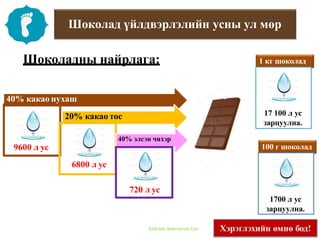 Шоколадны найрлага:
Шоколад үйлдвэрлэлийн усны ул мөр
40% какао нухаш
20% какао тос
40% элсэн чихэр
9600 л ус
6800 л ус
1 кг шоколад
17 100 л ус
зарцуулна.
100 г шоколад
1700 л ус
зарцуулна.
720 л ус
Байгаль Хамгаалах Сан
 