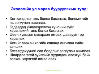Байгаль Хамгаалах Сан
• Хог хаягдлыг аль болох багасгаж, боломжтойг
нь эргүүлэн ашиглах.
• Гадаадад үйлдвэрлэсэн хүнсний зүйл
хэрэглэхийг аль болох багасгах.
• Цөөн хувцсыг цэвэрхэн өмсөх, даавуун тор
хэрэглэх
• Хогийг зөвхөн хогийн саванд ангилан хийж
занших.
• Бүтээгдэхүүний сав боодлыг эргүүлэн ашиглах
• Шаардлагагүй зүйлсийг худалдан авахгүй байх,
зөвхөн хэрэгтэй юмаа авах
Экологийн ул мөрөө бууруулахын тулд:
 