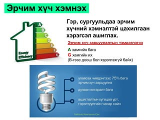 Эрчим хүч хэмнэх
Гэр, сургуульдаа эрчим
хүчний хэмнэлтэй цахилгаан
хэрэгсэл ашиглах.
Эрчим хүч зарцуулалтын тэмдэглэгээ
А хамгийн бага
G хамгийн их
(B-гээс доош бол хэрэглэхгүй байх)
Байгаль Хамгаалах Сан
 