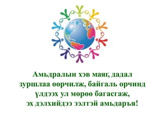Амьдралын хэв маяг, дадал
зуршлаа өөрчилж, байгаль орчинд
үлдээх ул мөрөө багасгаж,
эх дэлхийдээ ээлтэй амьдаръя!
 